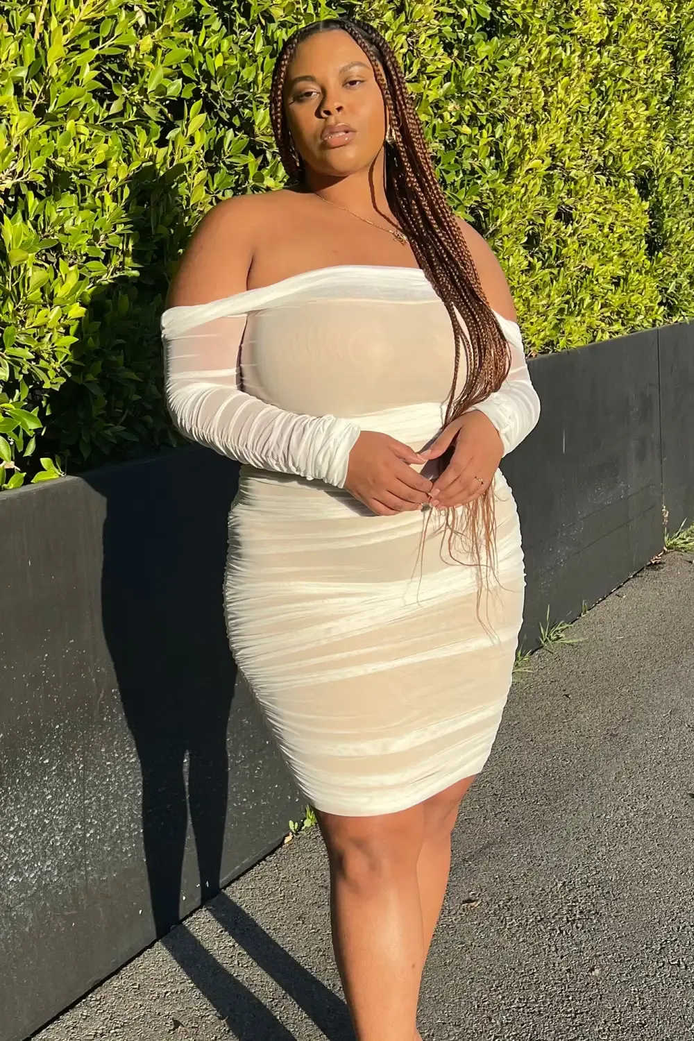 Ready In A Ruched Off Shoulder Midi Dress - White