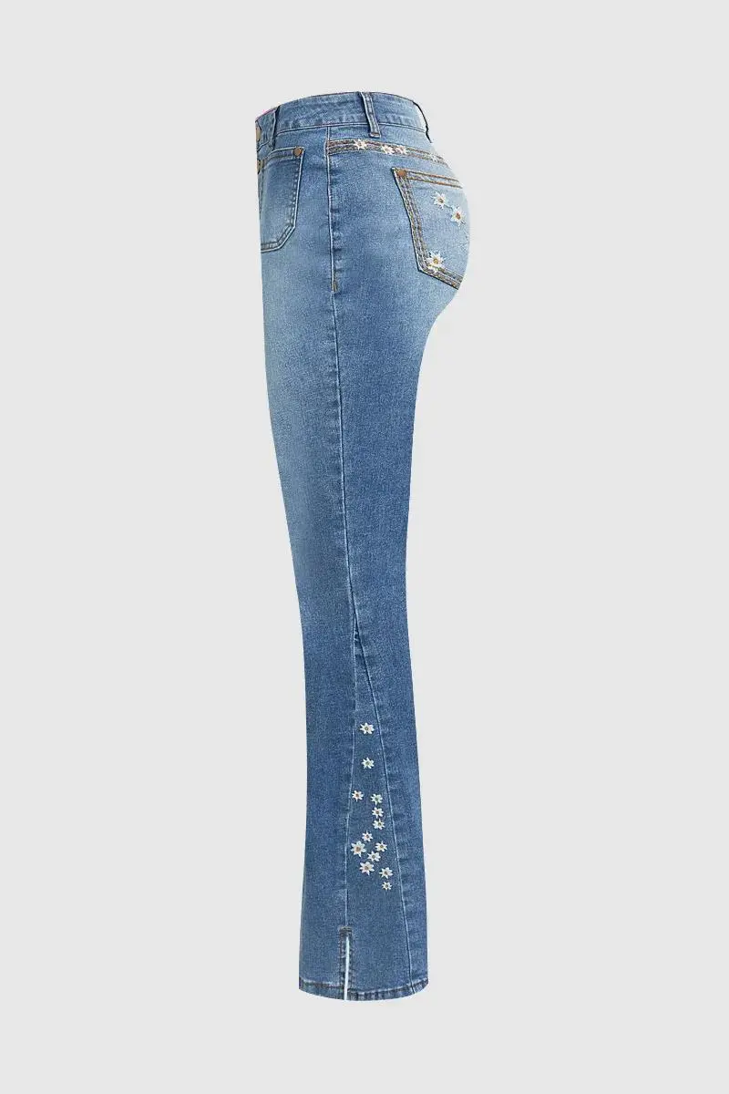 Wash Floral Embroidered Split Hem Mid Rise Bootcut Jeans Without Belt