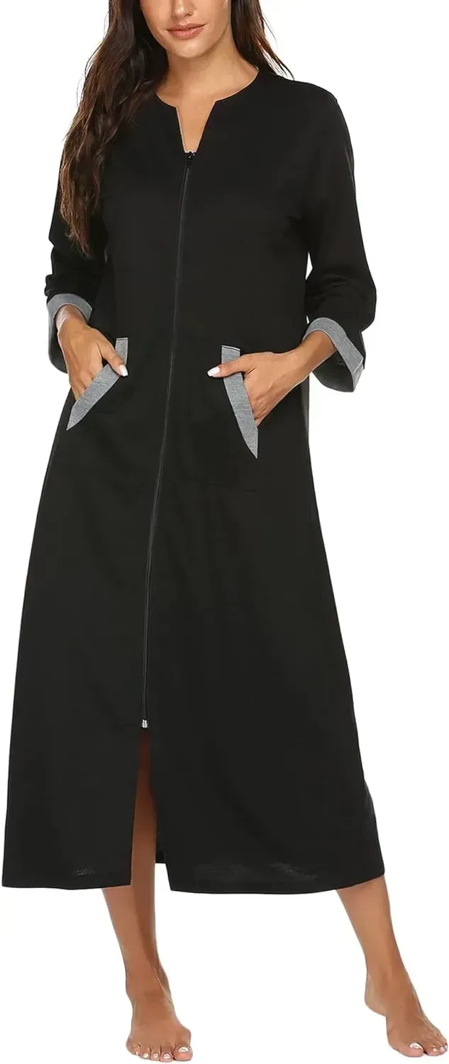 Women Zipper Robe 3/4 Sleeves Loungewear Dress Full Length Sleepwear Pockets Housecoat Nightgown Long Bathrobe