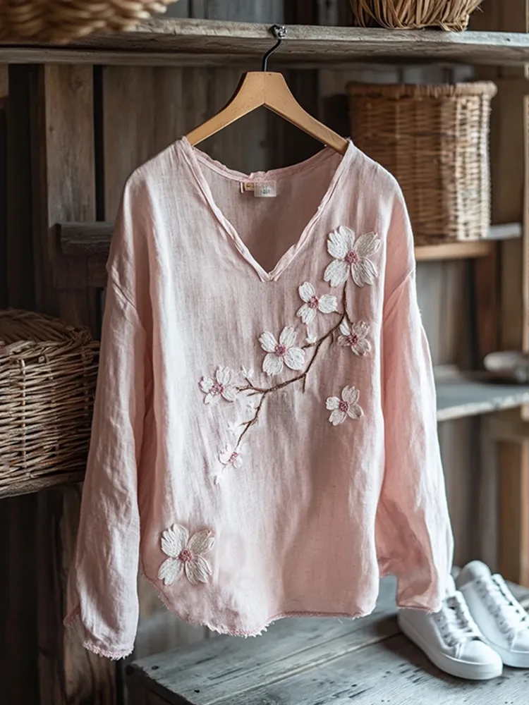 Vintage Sakura Art Japanese Embroidery Graphics Linen Blend V-neck Tunic