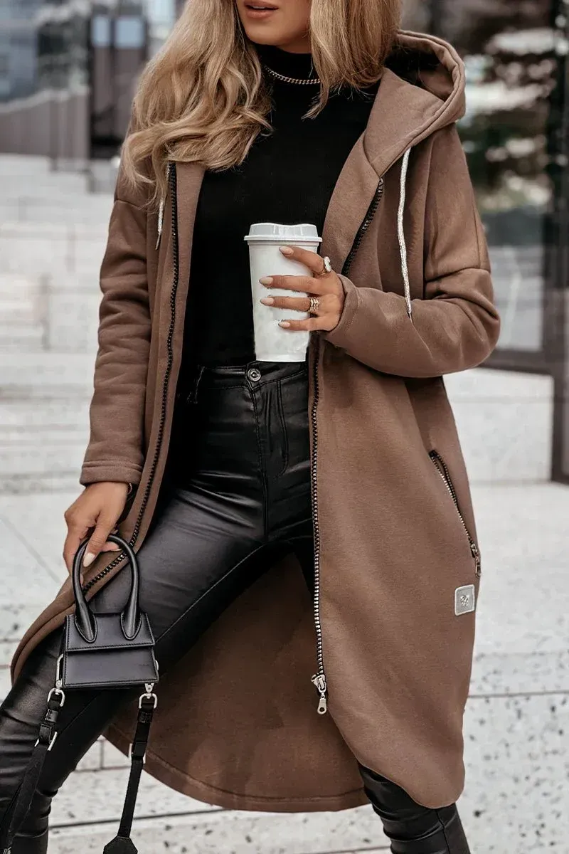 Women's Solid Color Zipper Hooded Casual Coat