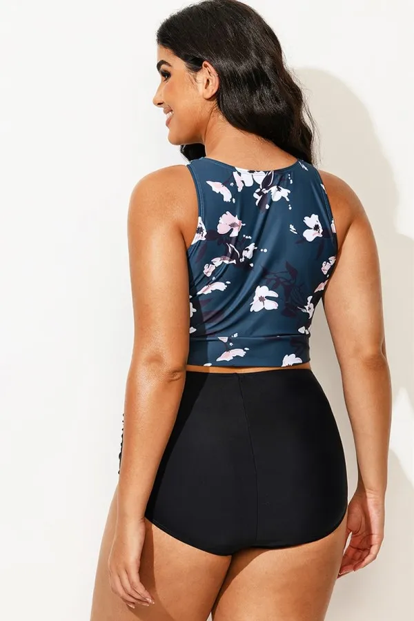 Green Floral Print Knotted Crop Bikini Top