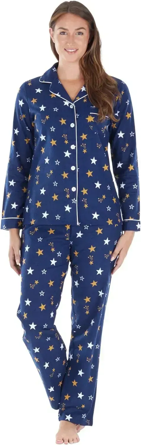 Women's Cotton Flannel Long Sleeve Button-Down Pajamas PJ Set