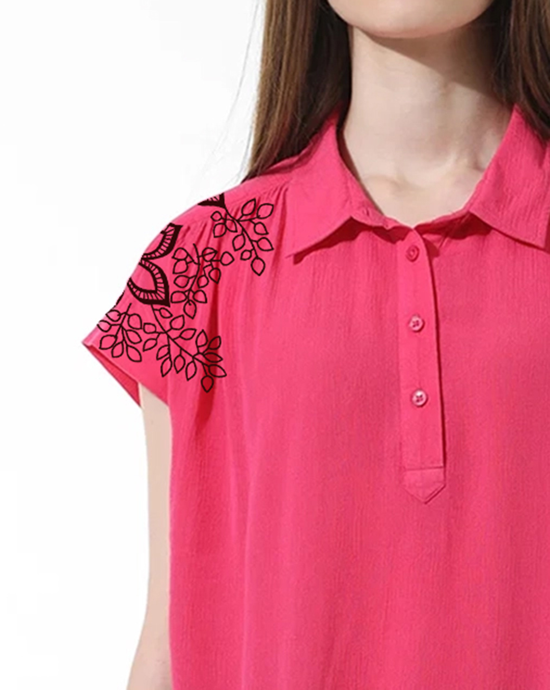 Pink Floral Embroidered Polo Style Blouse