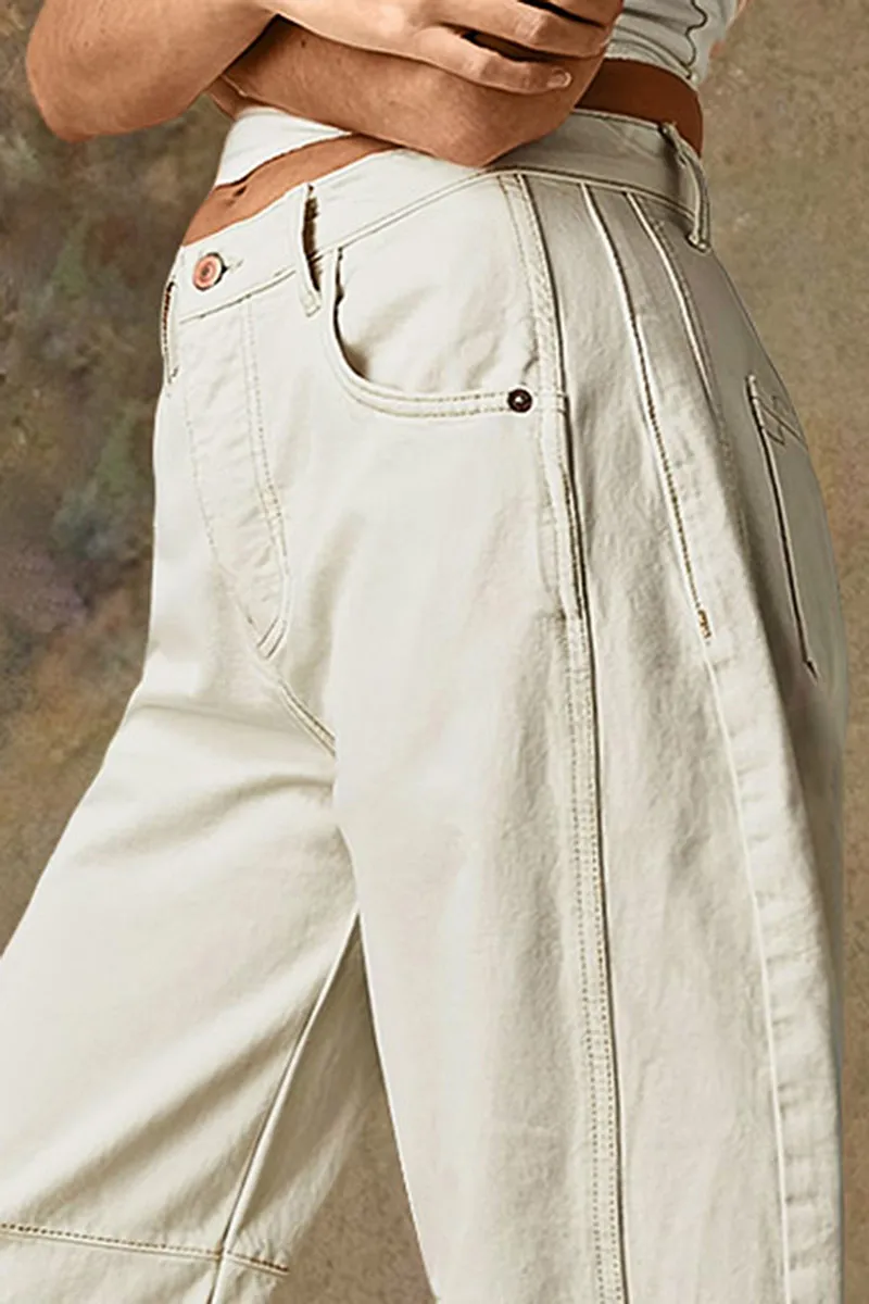 Solid Stitch Detail Mid Waist Crop Straight Leg Jeans Without Belt