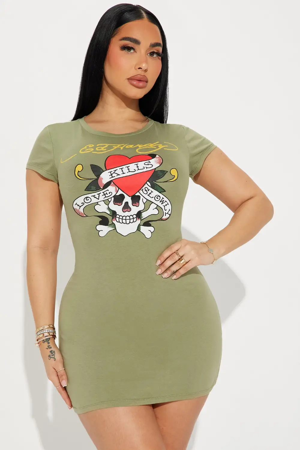 Ed Hardy Skull T Shirt Mini Dress - Olive