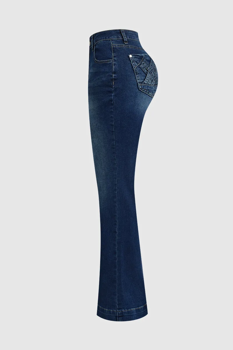 Wash Braided Decor Mid Rise Flare Jeans Without Belt