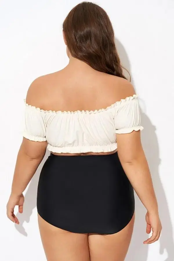 Retro White Ruffles Bardot Sleeves Bikini Top