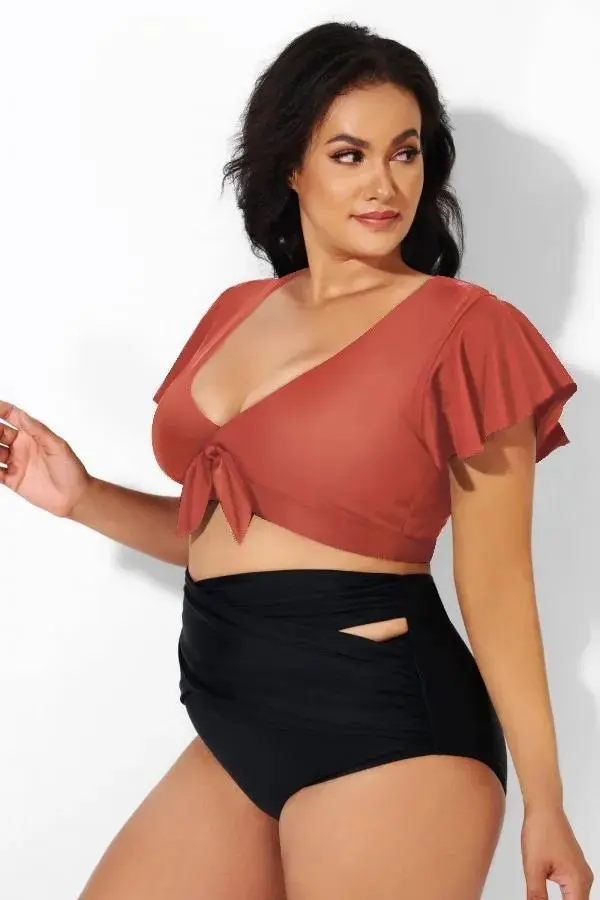 White Flutter-Sleeve Tie Detail Bikini Top