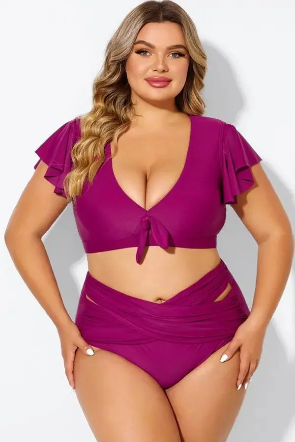 White Flutter-Sleeve Tie Detail Bikini Top