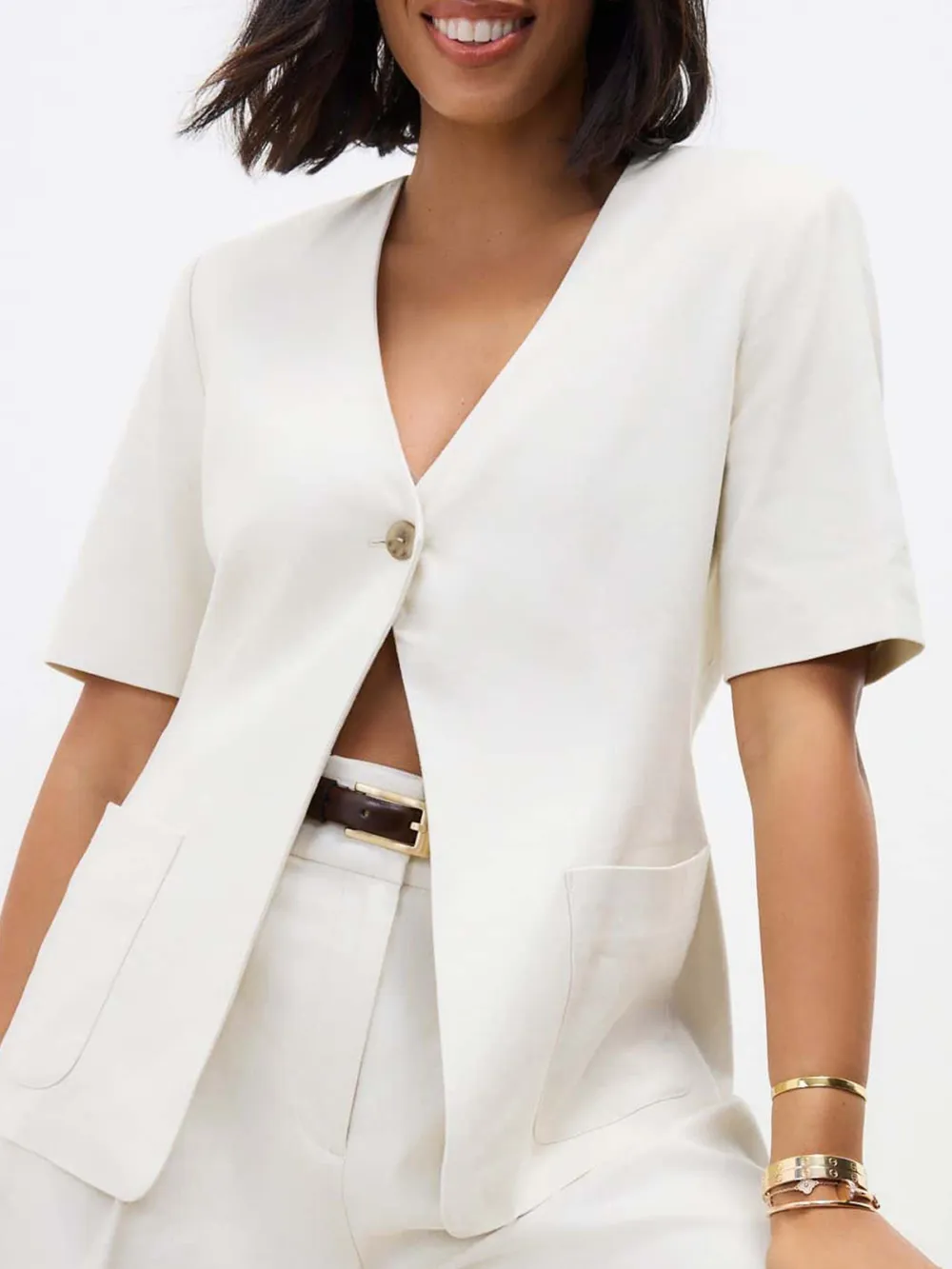 White Short-Sleeved Linen Jacket