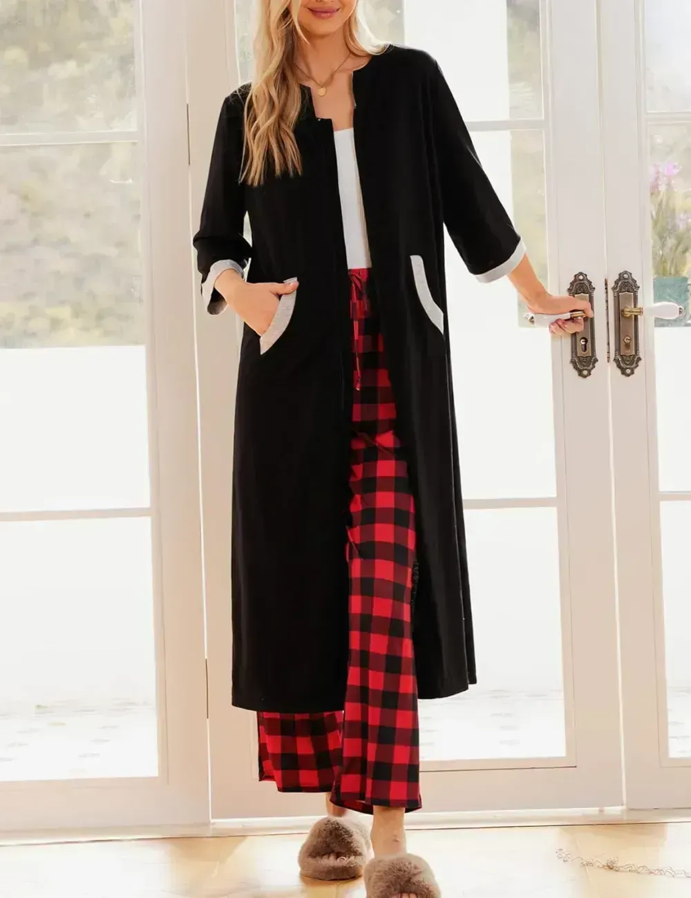 Women Zipper Robe 3/4 Sleeves Loungewear Dress Full Length Sleepwear Pockets Housecoat Nightgown Long Bathrobe