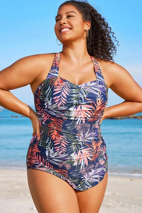 Tropical Print Sarong Front One Piece Swimsuit