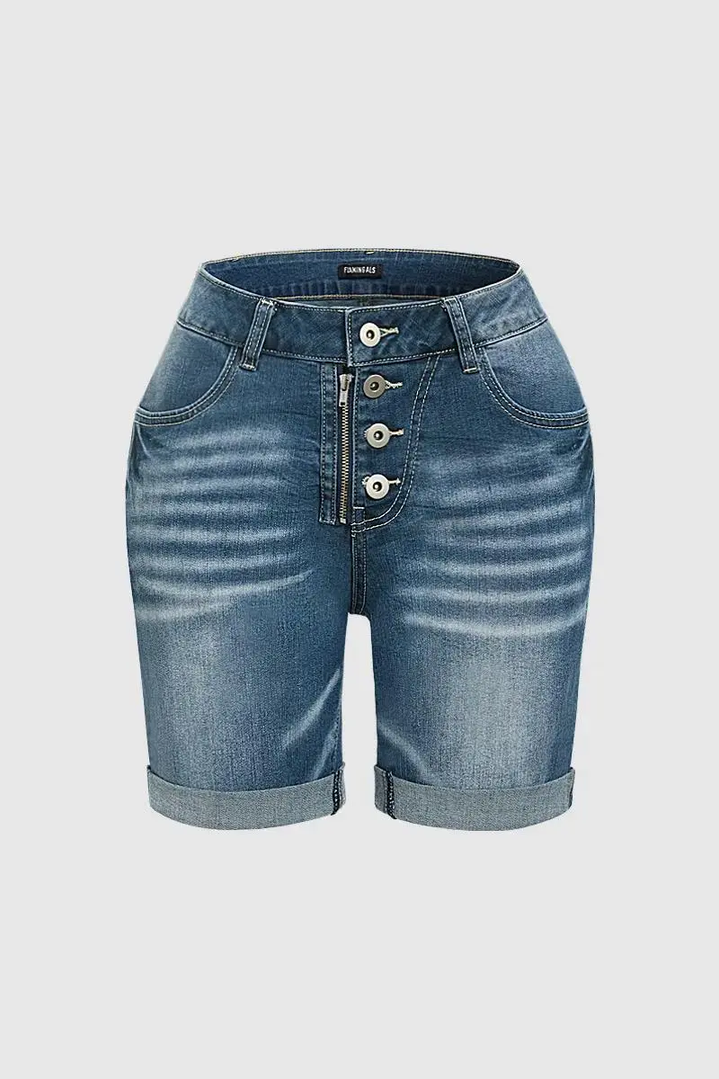 Roll Hem Button Up Mid Rise Denim Mid Thigh Shorts