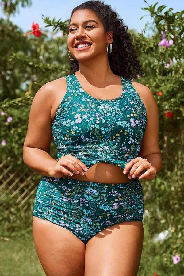 Cottage Floral Print Knotted Crop Bikini Top