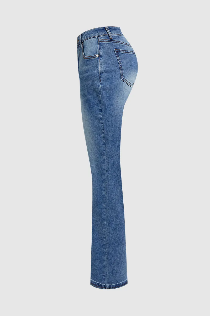 Roll Hem Mid Waist Crop Straight Leg Jeans Without Belt