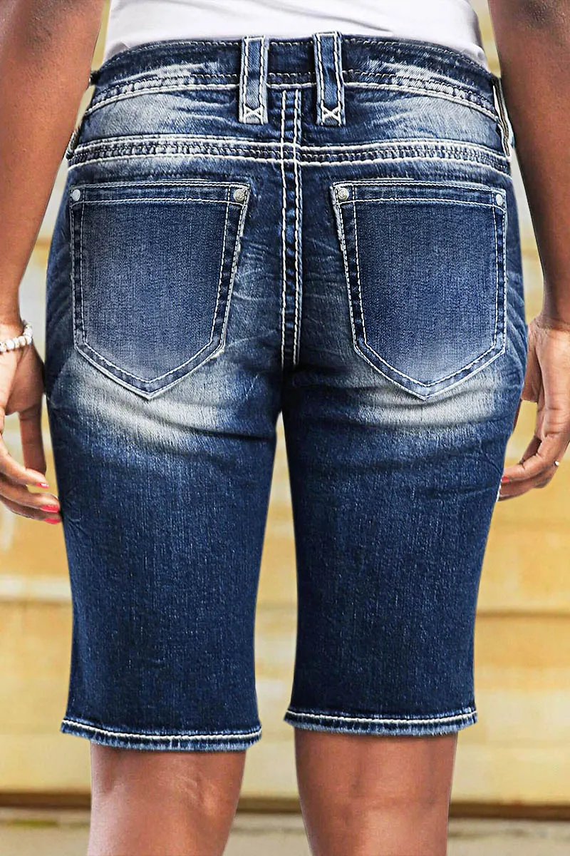 Washed Stretchy Stitch Detail Mid Rise Denim Bermuda Shorts