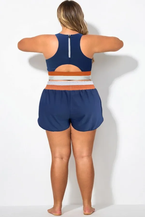 Plus Size Blue Colorblock Women Shorts