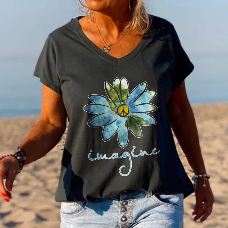 Peace Flower Women Solid Color V-neck Tees