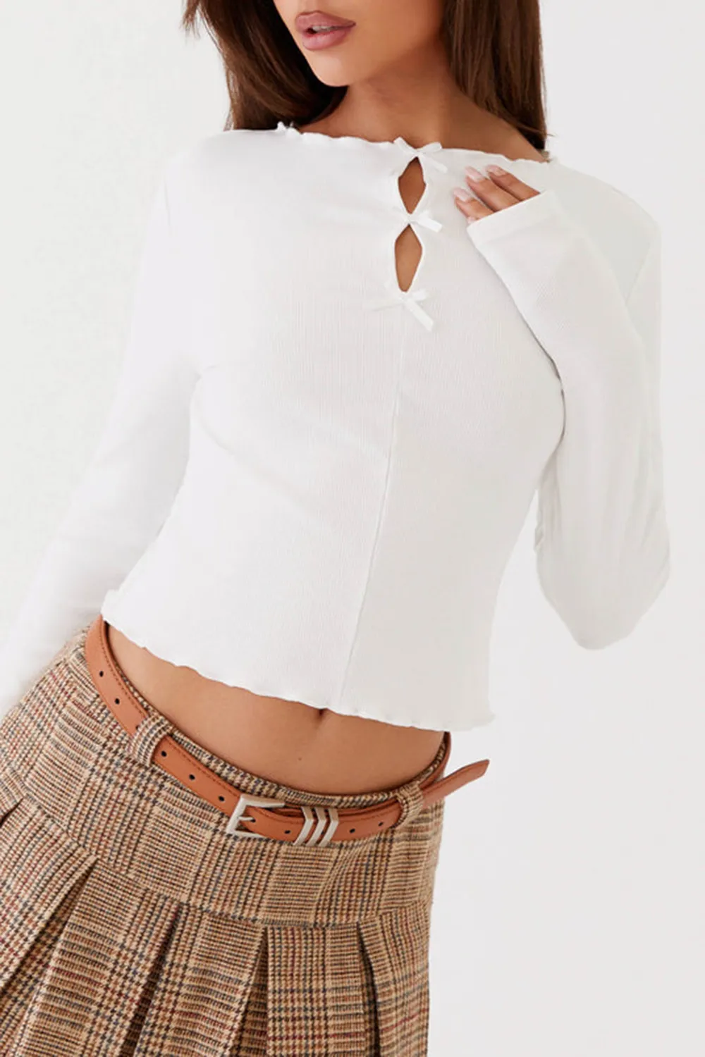Simone Long Sleeve Bow Top - White