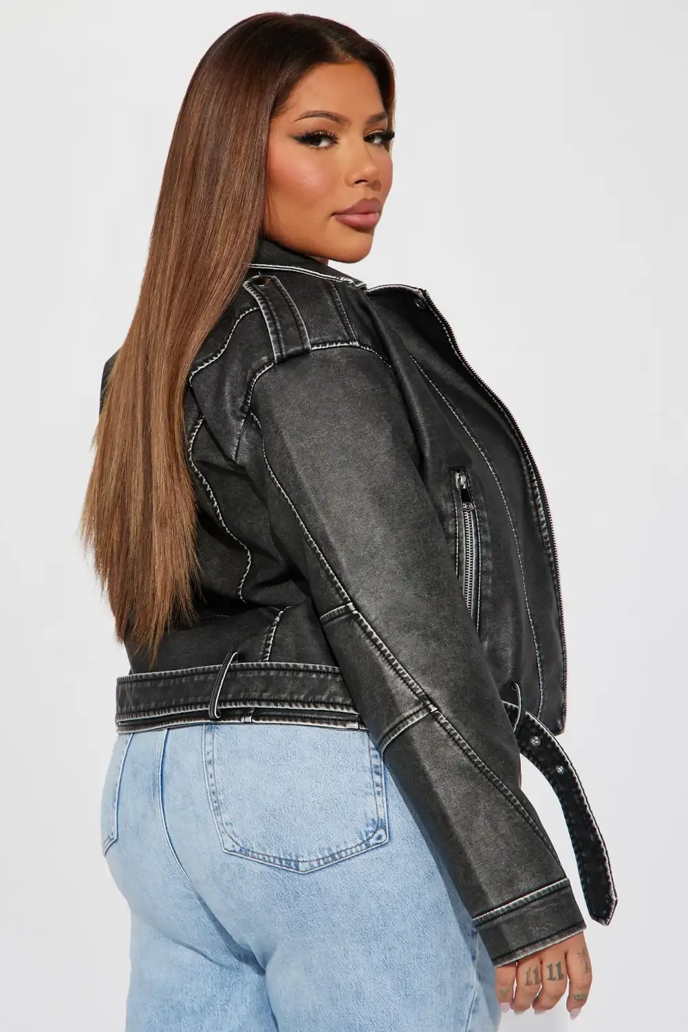 My Time Washed Faux Leather Moto Jacket - Charcoal