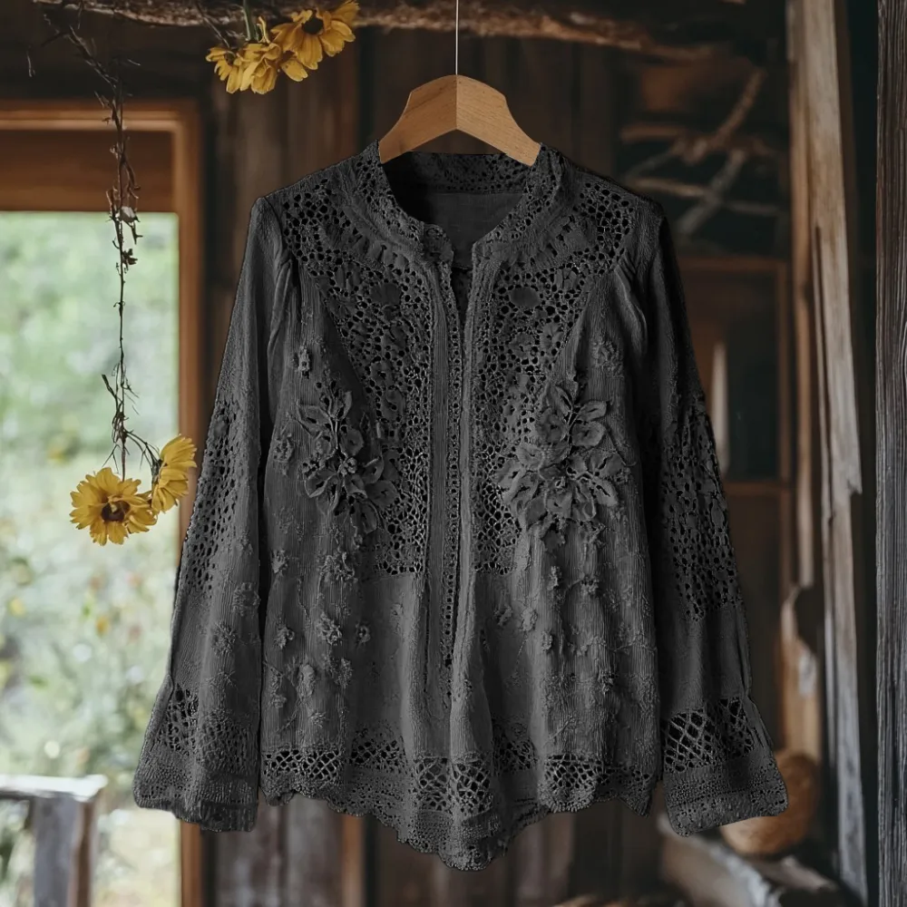 Women's Retro Floral Lace Embroidery Art V-neck Shirt