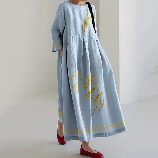 Women's Ukrainian Embroidery Crew Neck Midi Dress