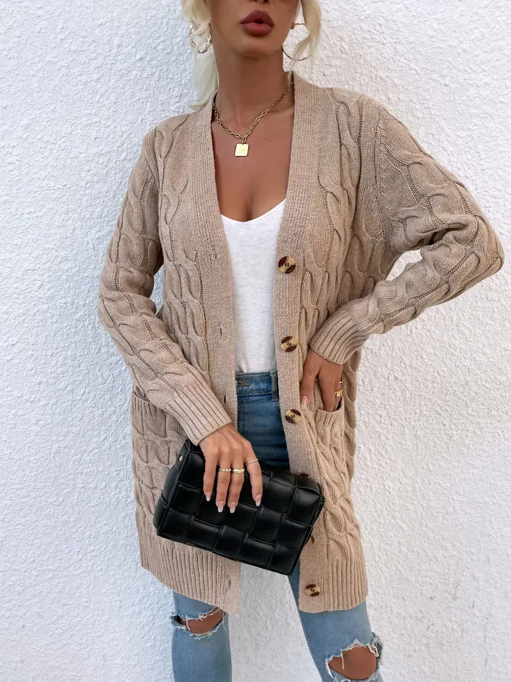 New long coat twist rope solid color cardigan sweater