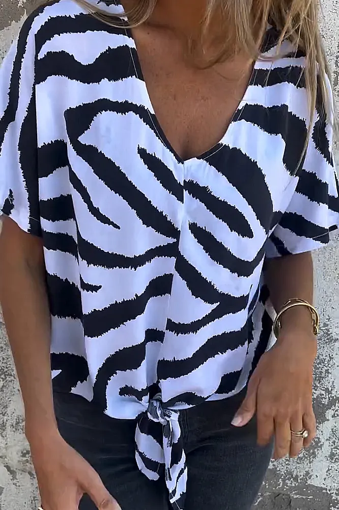 Women's leopard print V-neck strap casual T-shirt