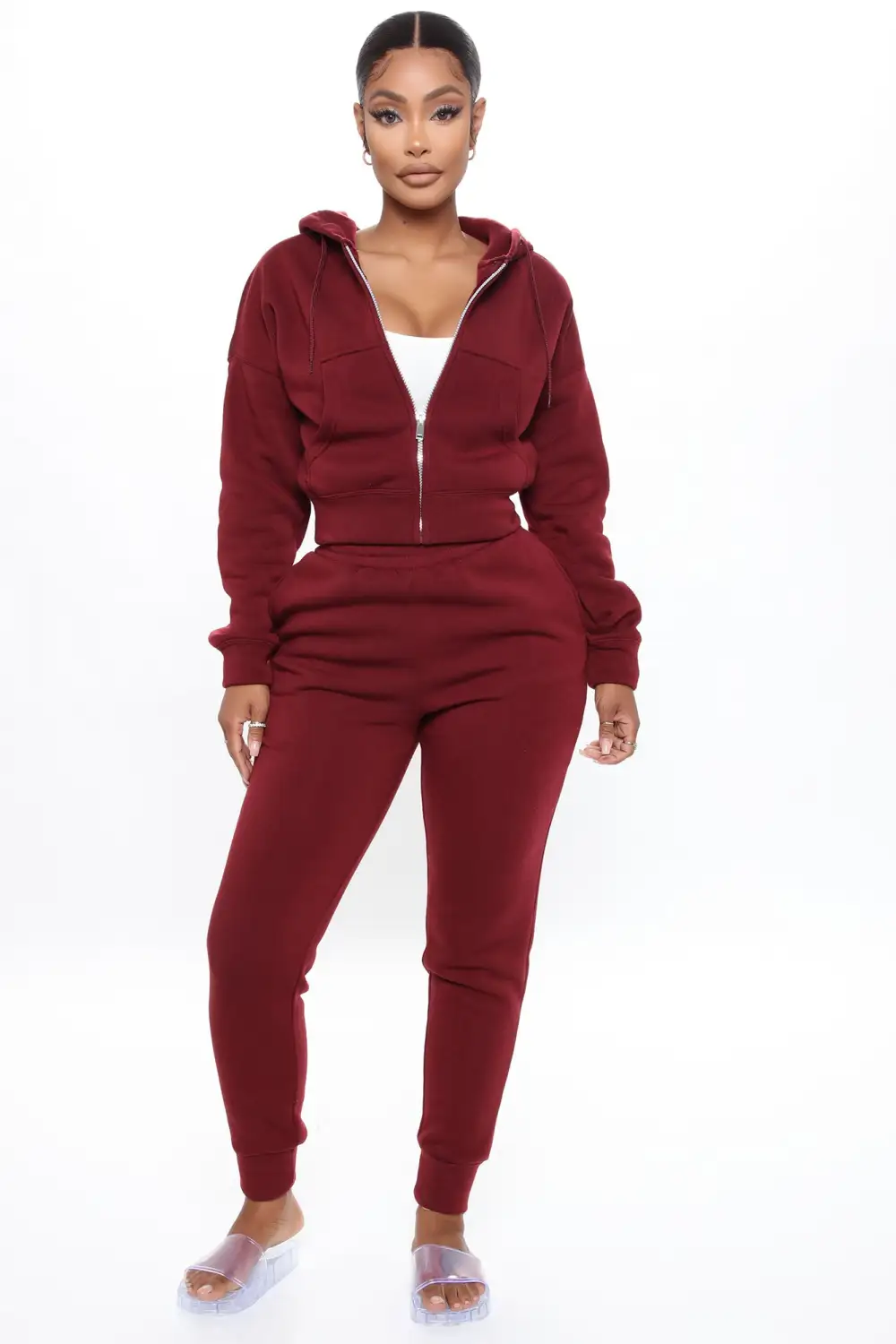 I Got This Zip Up Jacket And Jogger Set - Burgundy
