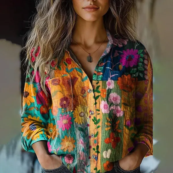 Vintage Floral Print Women's Linen Blouse