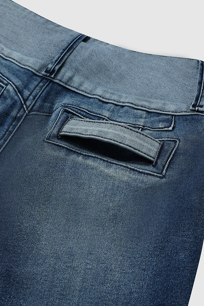 Two Tone Button Detail Ripped Roll Hem Mid Rise Denim Bermuda Shorts
