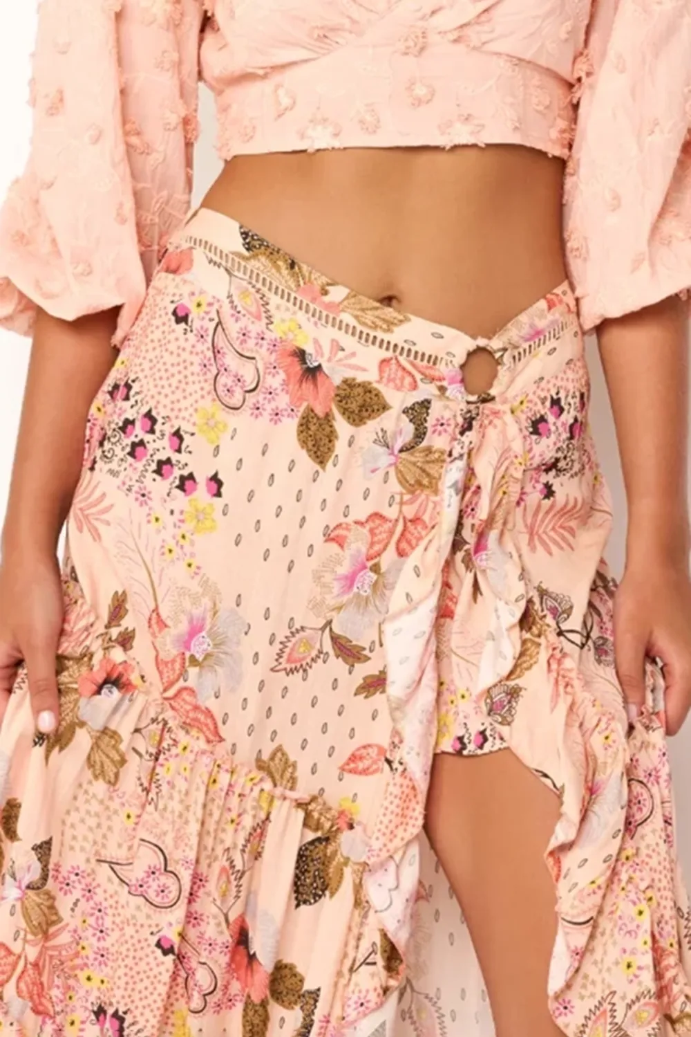 Pink And White Floral Print Ruffled Maxi Skirt