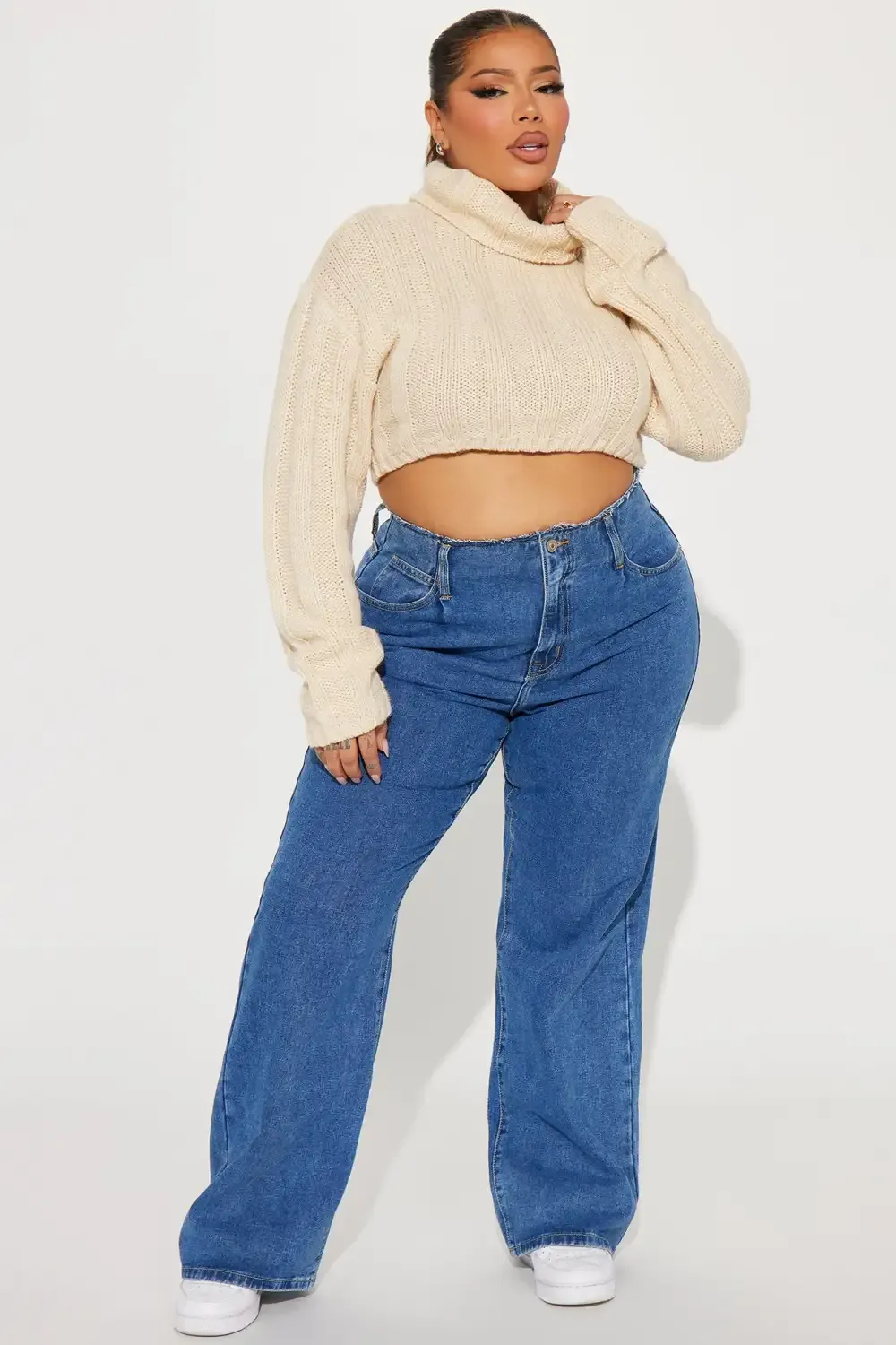 Uphill Cut Off Waistband Baggy Jeans - Medium Wash