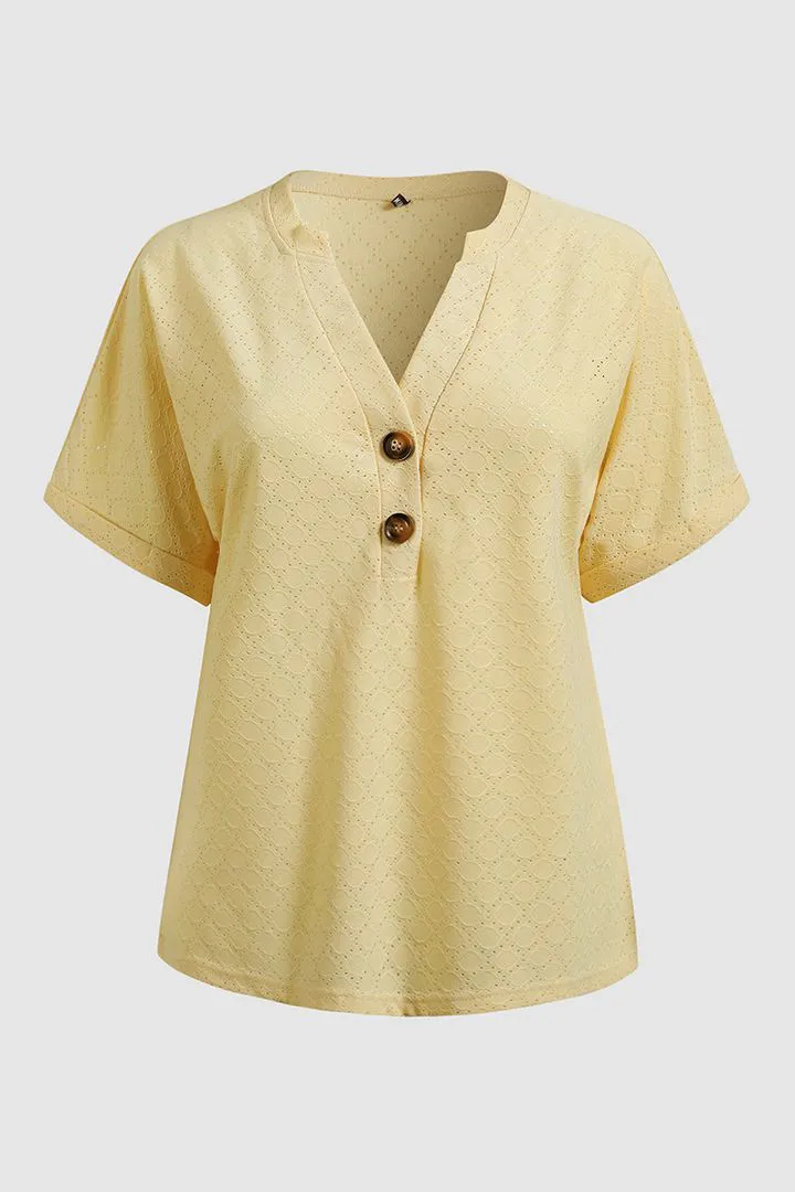 Solid Hollow Out Button Decor V Neck T-Shirt