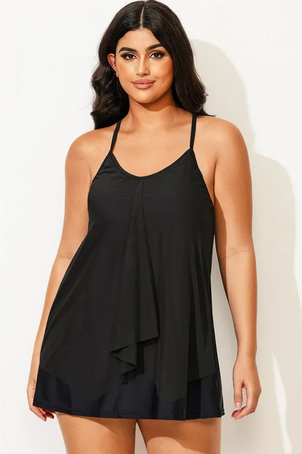 Plus Size Black Longer Length Mesh Swimdress