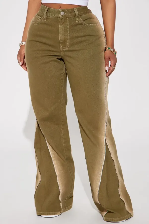 Let's Kick It Zip Straight Leg Jeans - Olive