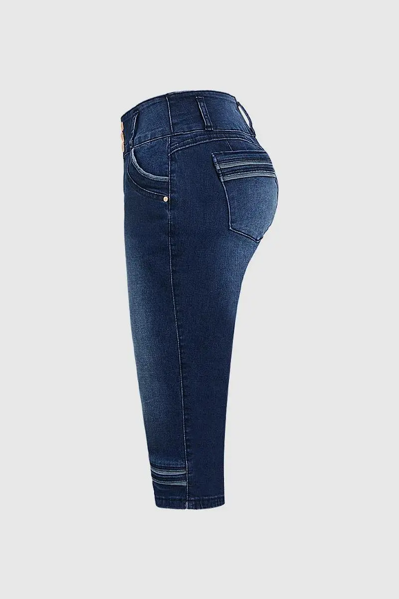 Button Fly High Rise Wash High Stretch Capri Jeans