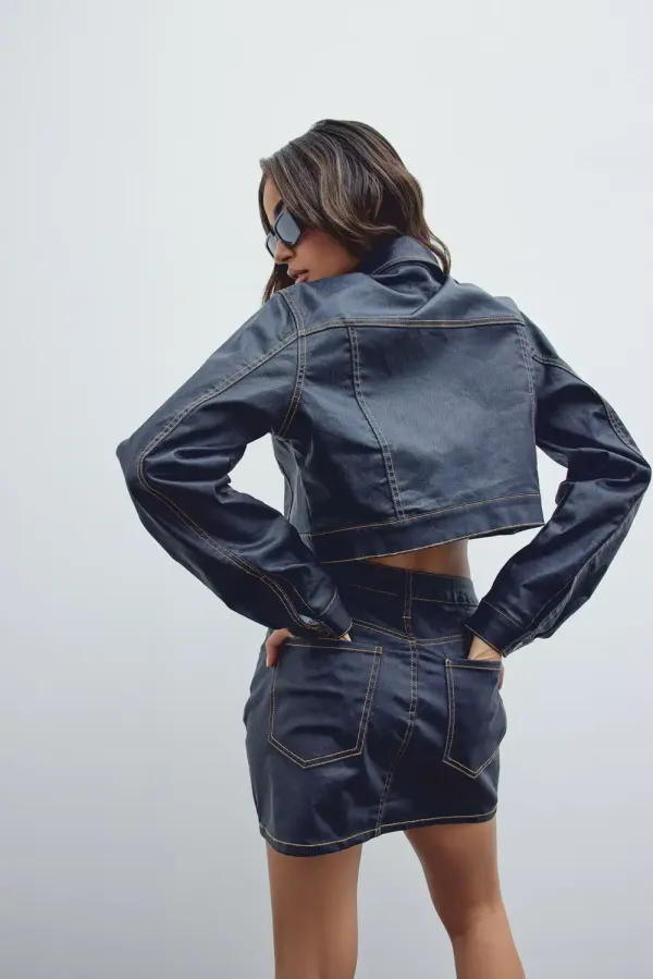 I Never Miss Coated Cropped Denim Jacket - Dark Wash