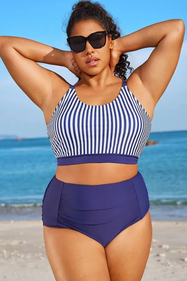 Plus Size Blue & White Striped Bikini Top