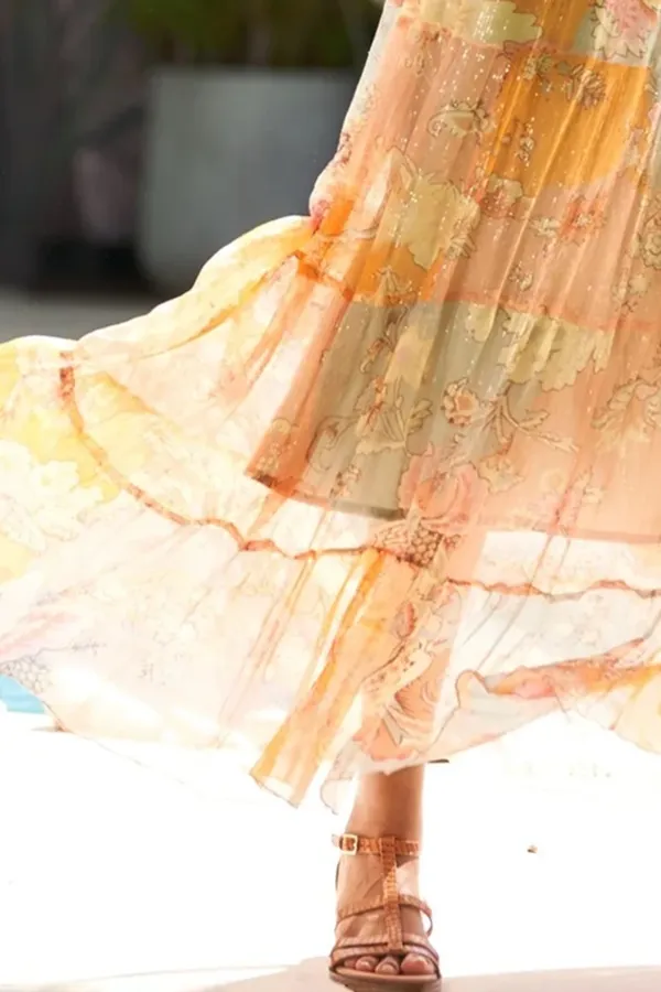 Light Green And Orange Tie Dye Crop Top And Maxi Skirt Set
