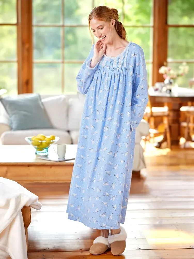 Lanz White Doves Cotton Flannel Nightgown
