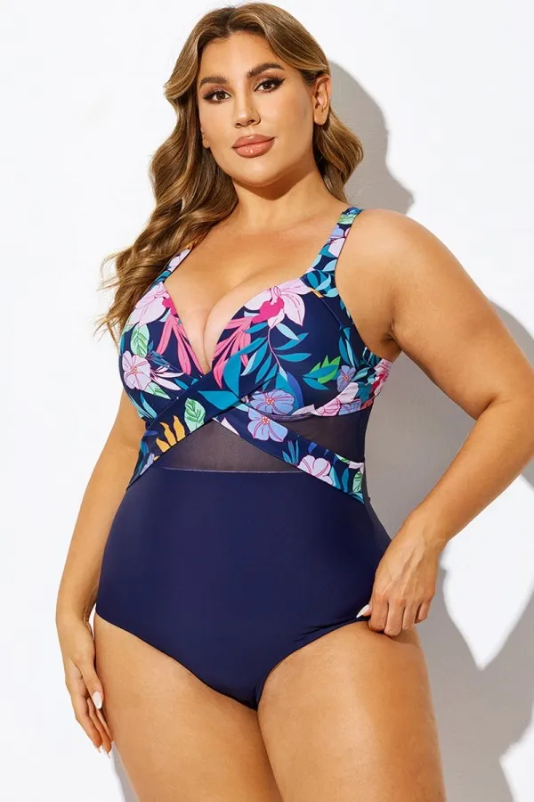 Navy Cut Out Mesh Underwire One Piece Swimsuit