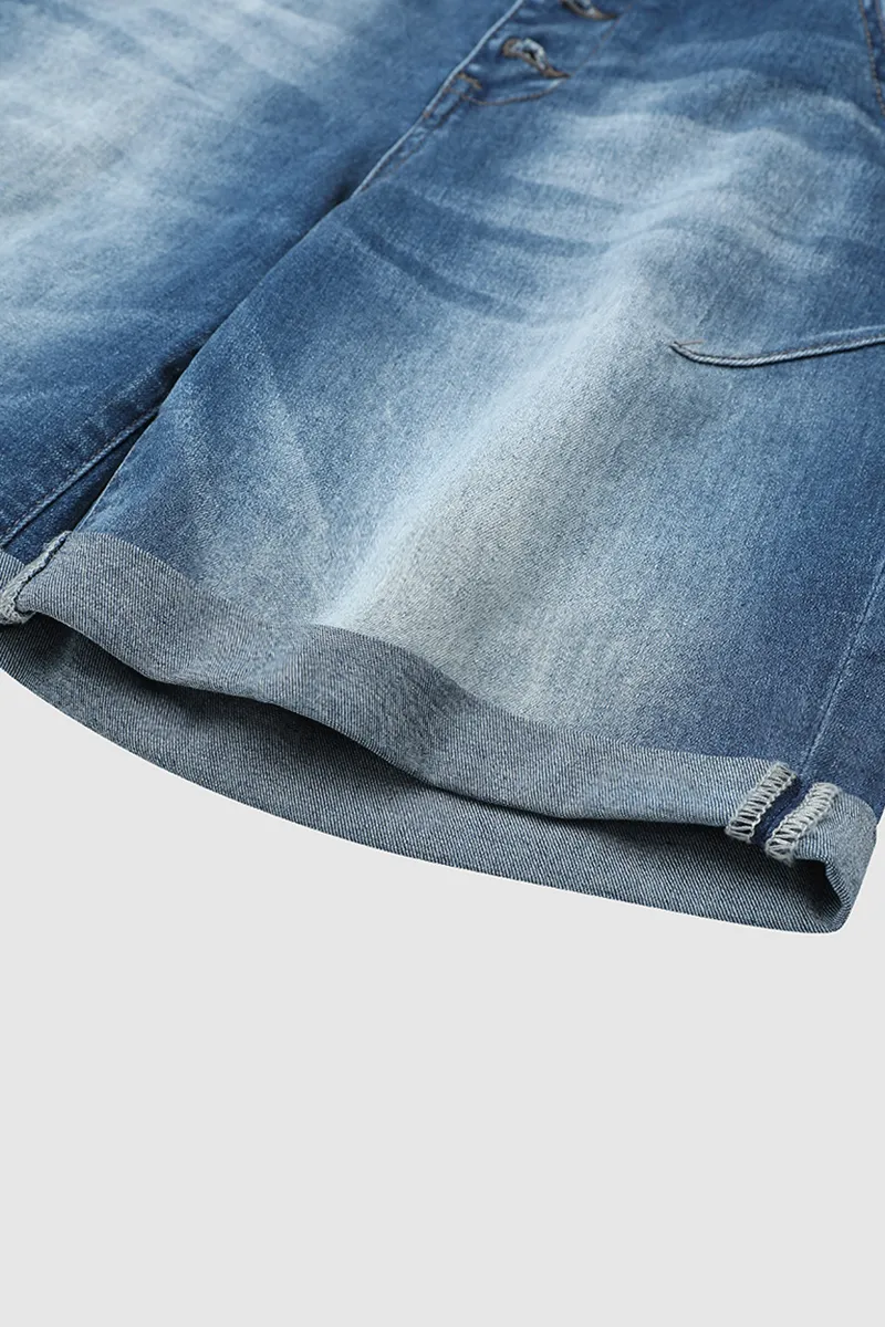 Button Fly Roll Hem Denim Mid Thigh Shorts Without Belt