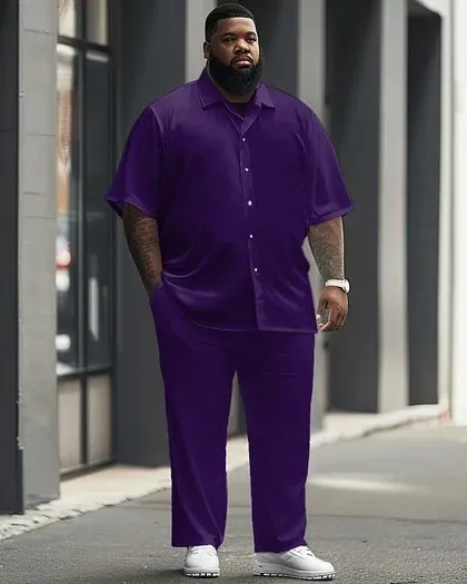 Big Men'S Casual Solid Color Short Sleeve Shirt And Pants Set
