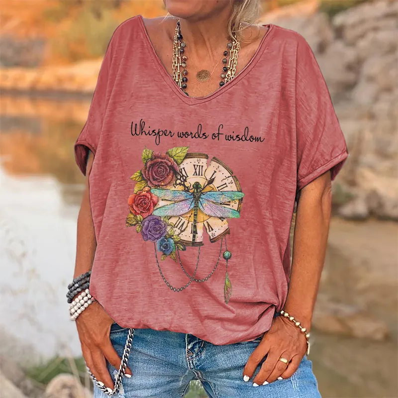 Whisper Words Of Wisdom Print Dragonfly And Flowers Graphic Tees