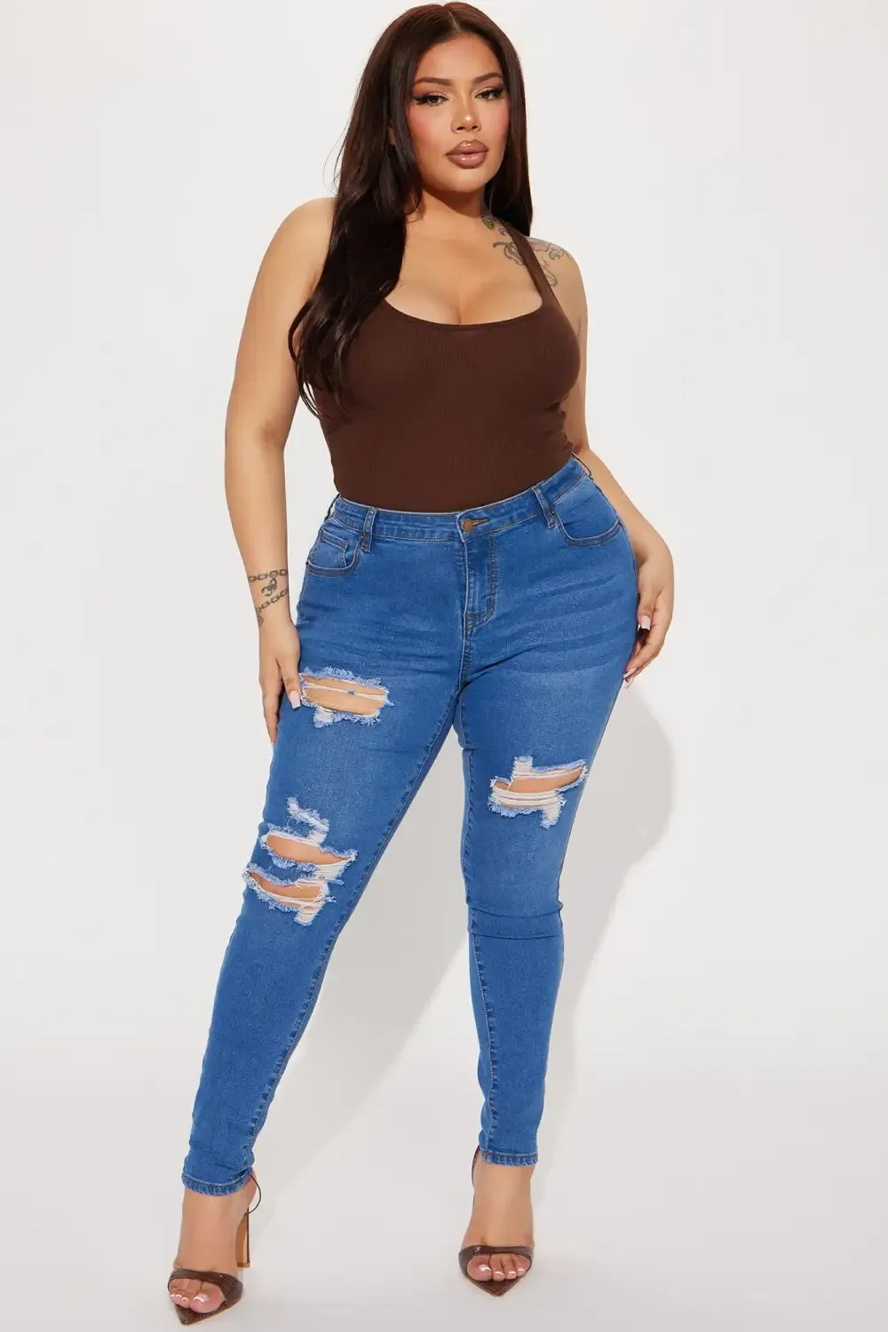 Molly Mid Rise Ripped Stretch Skinny Jeans - Medium Wash