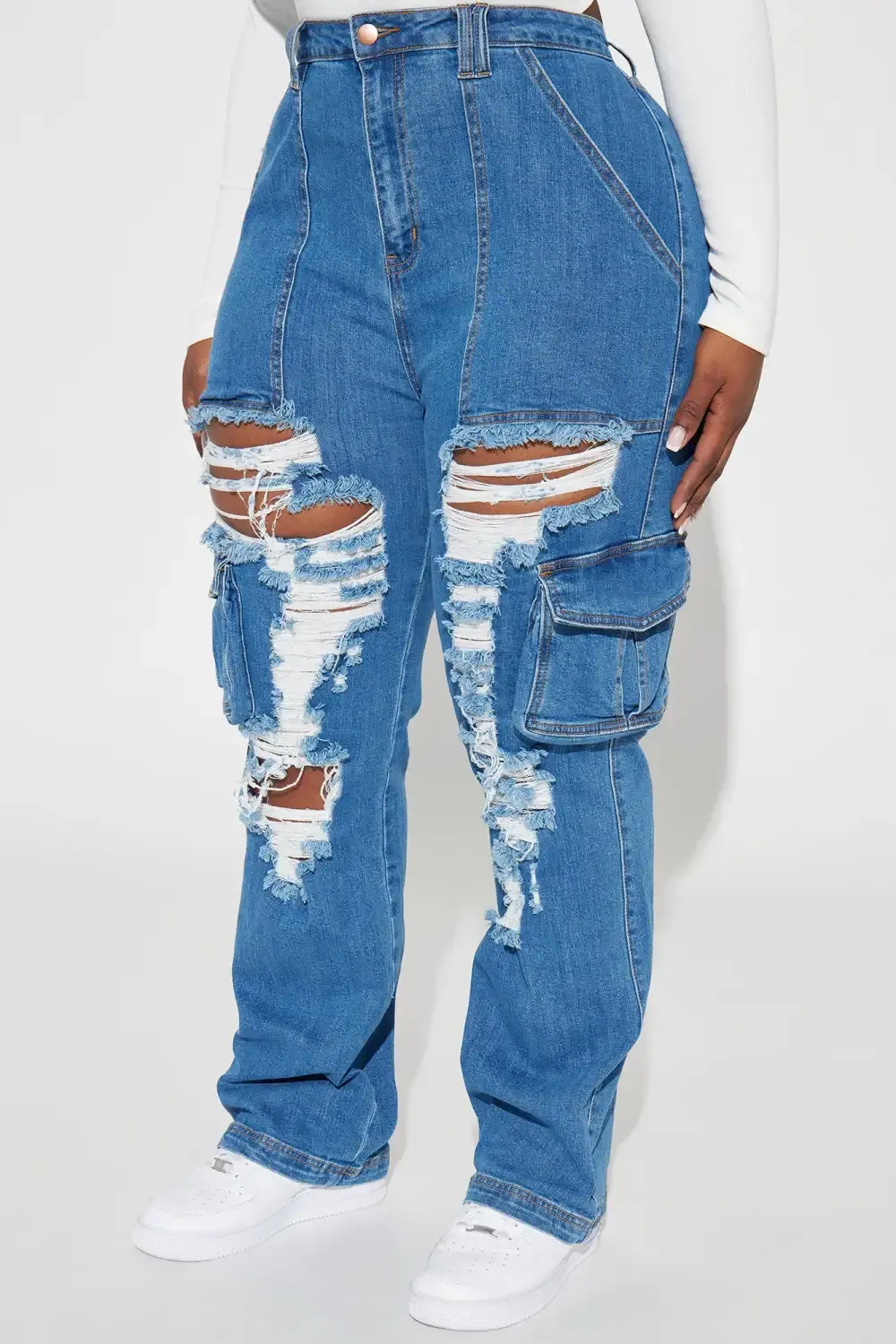 Can't Be Knocked Down Cargo Boyfriend Jeans - Medium Blue Wash