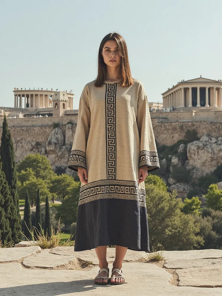 Retro Classic Greek Ethnic Graphics Crew Neck Linen Blend Maxi Dress