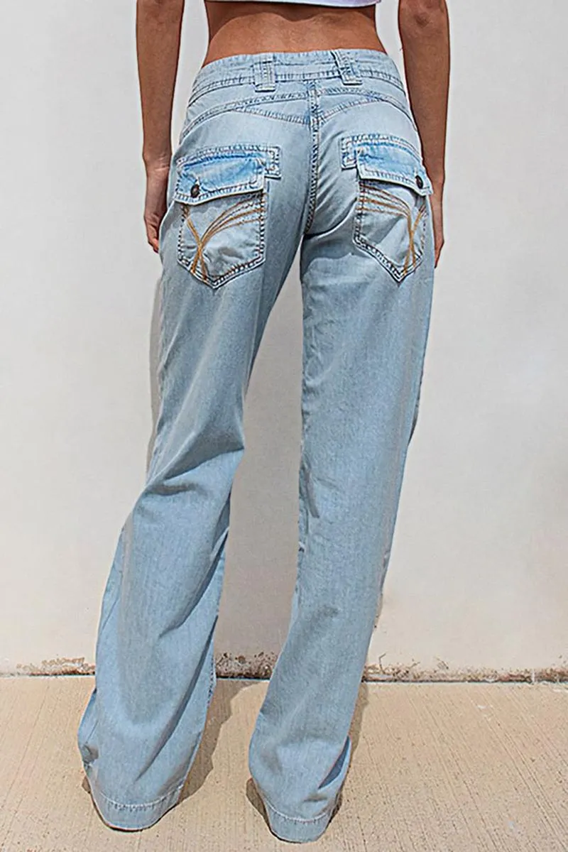 Stitch Detail Stretchy Low Waist Straight Leg Jeans